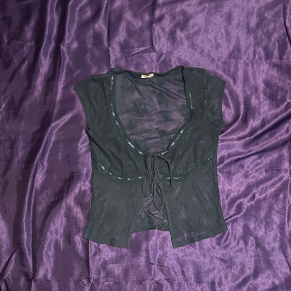 Sheer Tie-Front Women's Top in Navy Blue